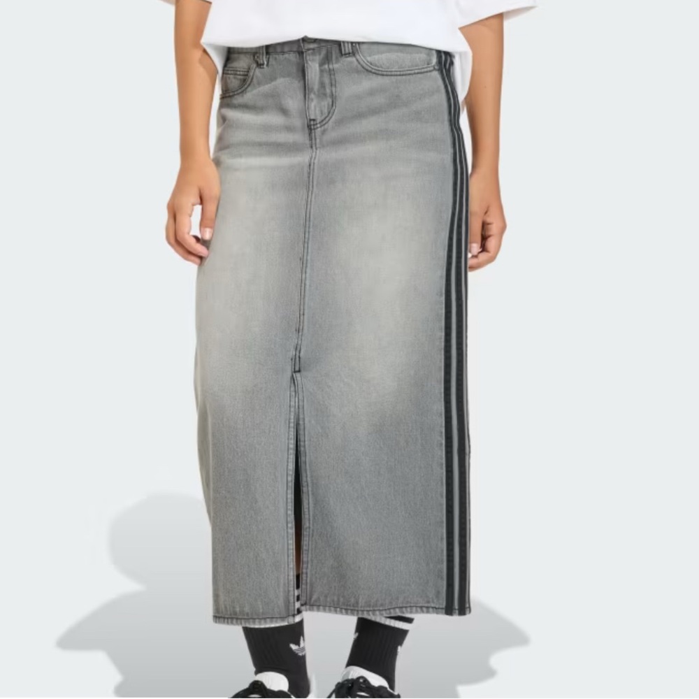 adidas Black and Gray Denim Midi Skirt with Side Stripes size 10 womens